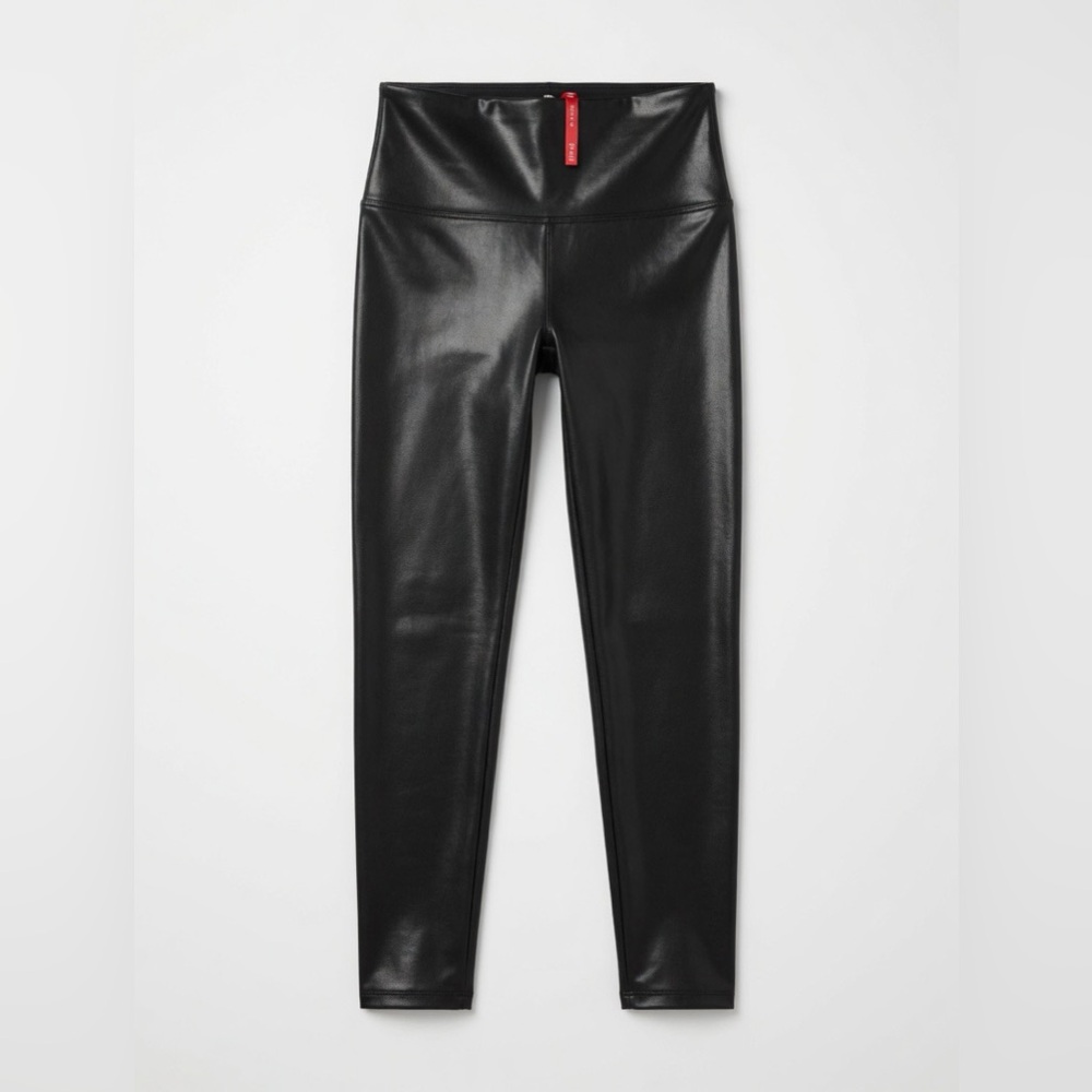 SPANX High-Waist Faux-Leather Leggings in Black with Red Tag